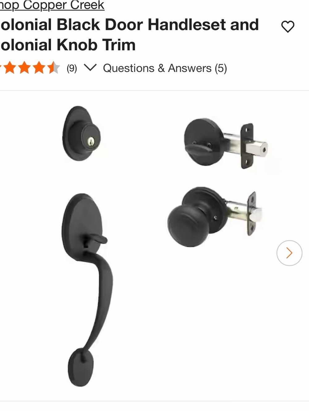 New Copper Creek Colonial Black Door Handleset with Knob Matte Black